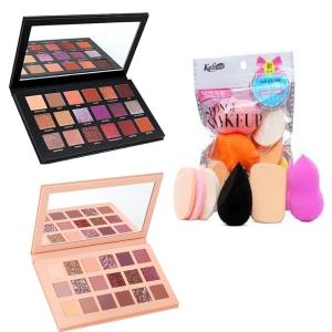 18 color Eyeshadow palette and 18 color Glitter Eyeshadow Palette With Free 6 in 1 Foundation Makeup Blender Powder Buff Sponge (Pack of 3)