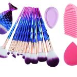 Professional Diamond Handle synthetic fiber Makeup Brush Set with Big Fish Tail for Foundation Eyeshadow Lips - 12 Pieces and Silicone Egg