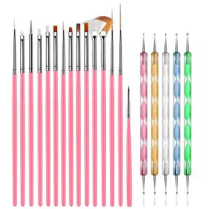 15 pcs Nail Art Brushes Kit (Pink) with 5 pcs Nail Dotting Pens, Multicolor.
