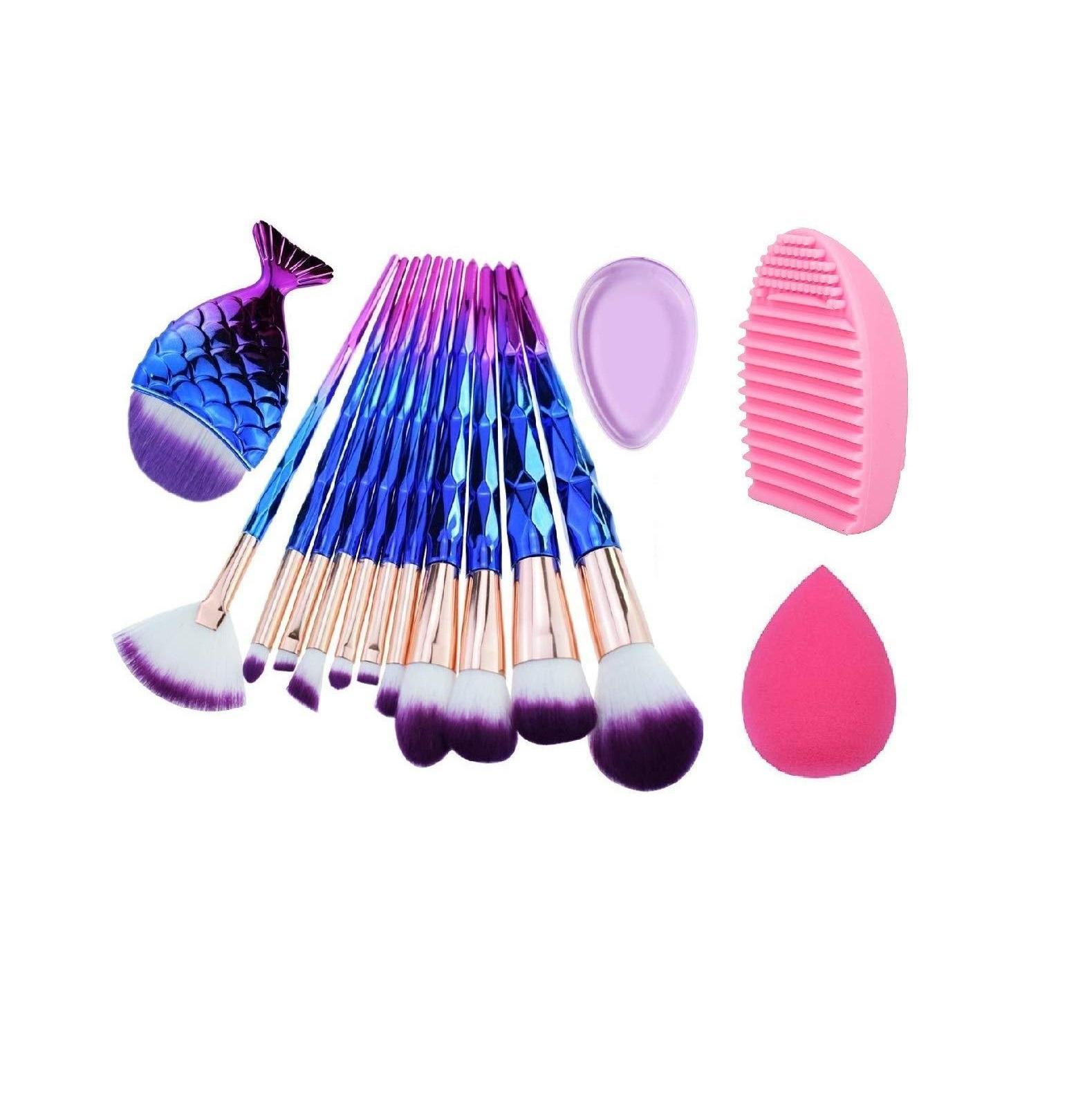 Professional Diamond Handle synthetic fiber Makeup Brush Set with Big Fish Tail for Foundation Eyeshadow Lips - 12 Pieces and Silicone Egg