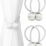 2 Pair Magnetic Curtain Tiebacks Convenient Drape Tie Backs-Pearl Decorative Rope Holdback Holder(2 pair).White