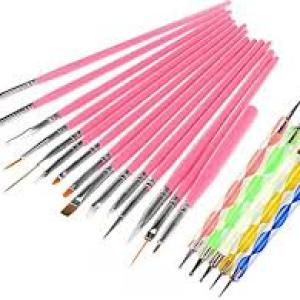 15 pcs Nail Art Brushes Kit (Pink) with 5 pcs Nail Dotting Pens, Multicolor.
