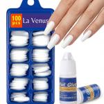 Premium White Fake Nails Set of 100 with 2 Nail Glue.