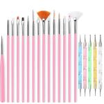 15 pcs Nail Art Brushes Kit (Pink) with 5 pcs Nail Dotting Pens, Multicolor.