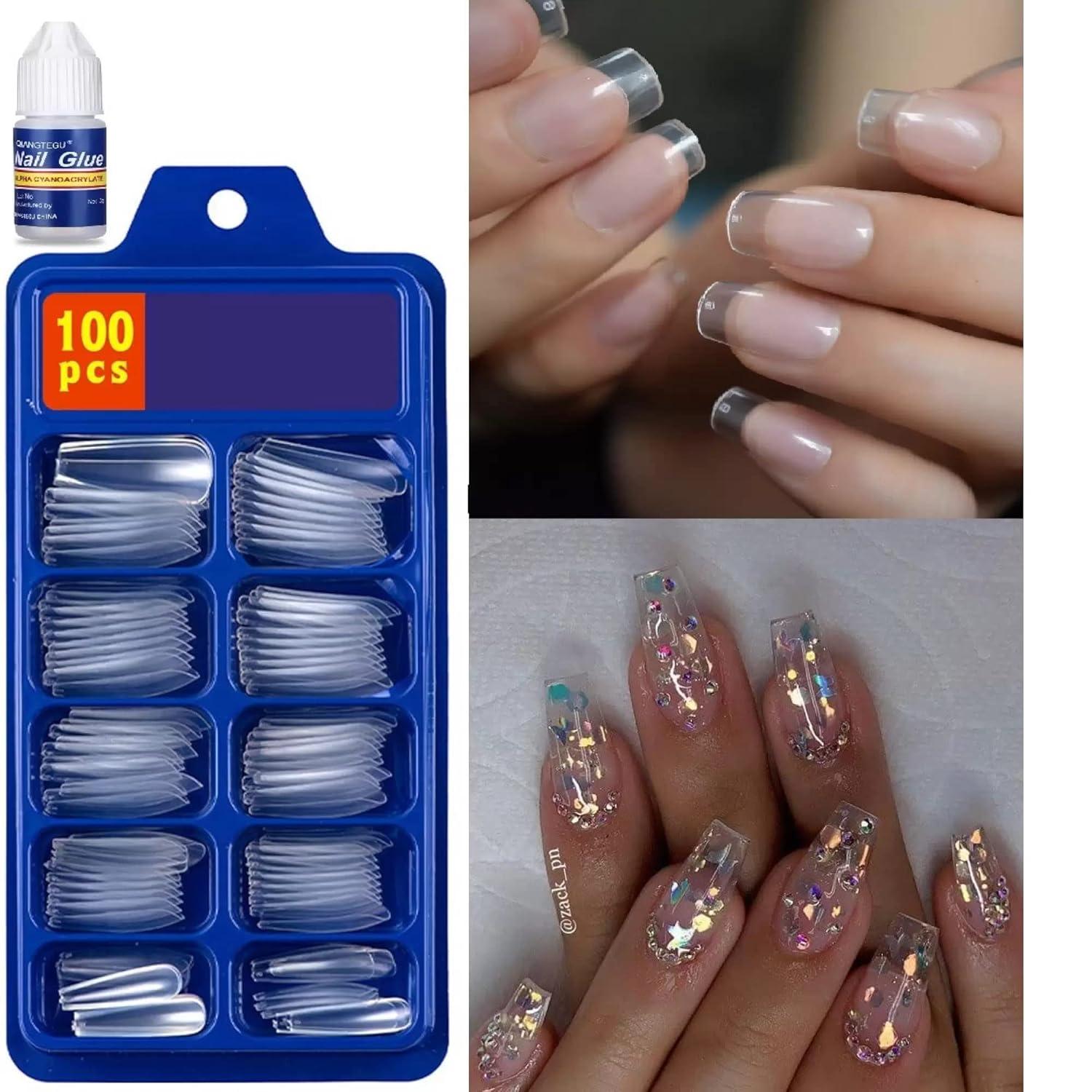 100pcs Transparent Nails and 2 pcs fake nails glue .