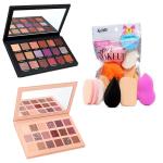 18 color Eyeshadow palette and 18 color Glitter Eyeshadow Palette With Free 6 in 1 Foundation Makeup Blender Powder Buff Sponge (Pack of 3)
