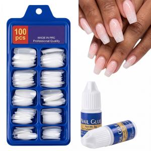 Premium White Fake Nails Set of 100 with 2 Nail Glue.