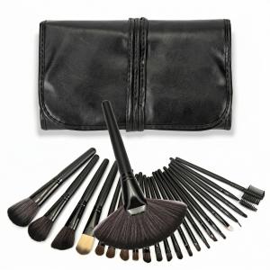 Makeup Brush Set with Black Leather Case- BLACK, 24 Pieces